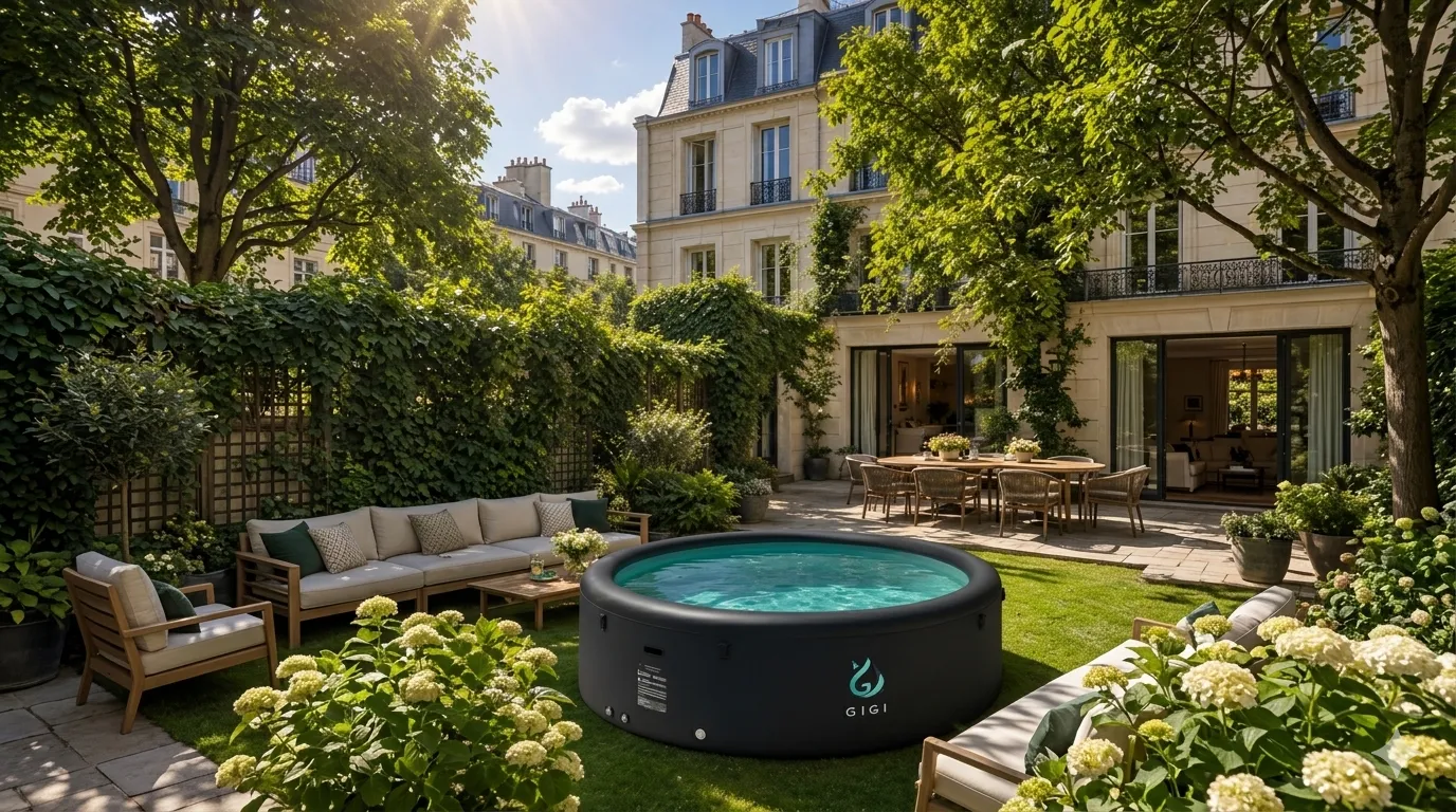 Piscine autoportante ronde de grand diamètre installée dans un jardin